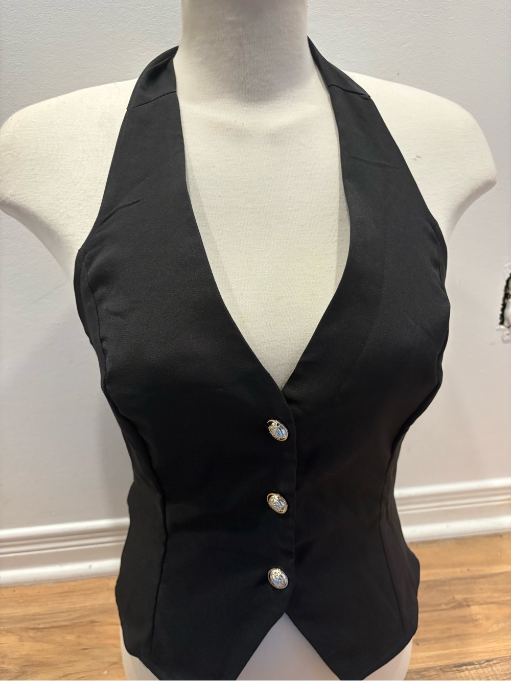 Black Halter Vest Top with Decorative Buttons - Women